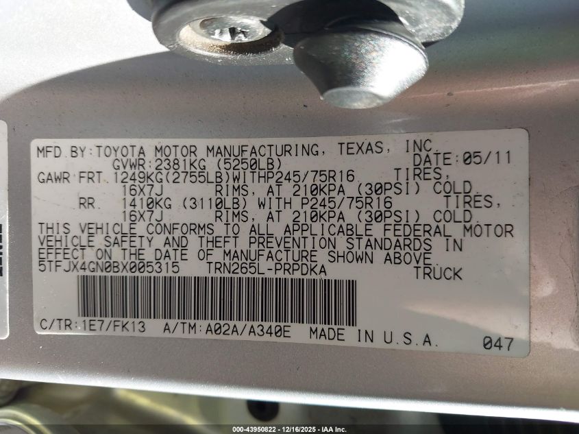 2011 Toyota Tacoma Prerunner VIN: 5TFJX4GN0BX005315 Lot: 43950822