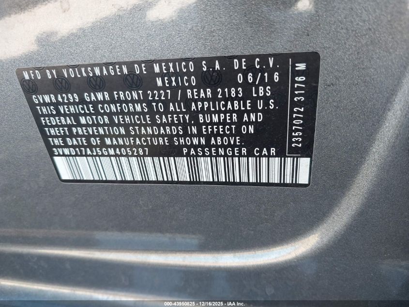 2016 Volkswagen Jetta 1.8T Sport VIN: 3VWD17AJ5GM405287 Lot: 43950825
