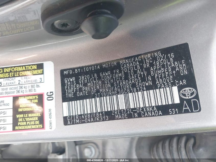 2016 Toyota Corolla Le VIN: 2T1BURHE3GC618124 Lot: 43950826