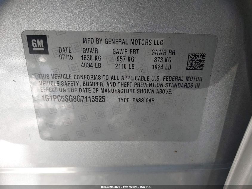 2016 Chevrolet Cruze Limited Ls Auto VIN: 1G1PC5SG8G7113525 Lot: 43950829