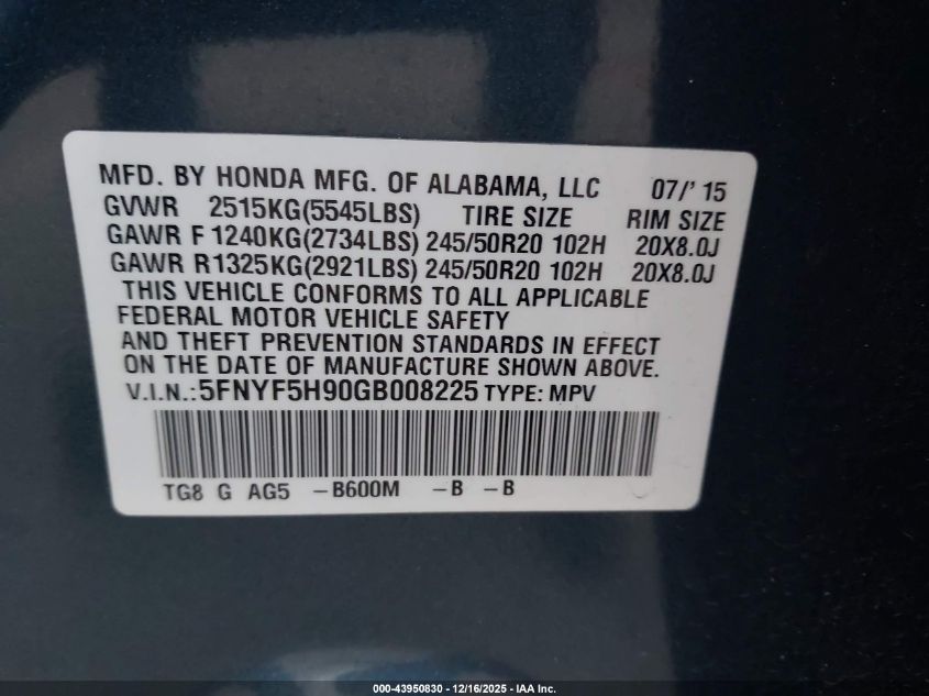 2016 Honda Pilot Touring VIN: 5FNYF5H90GB008225 Lot: 43950830