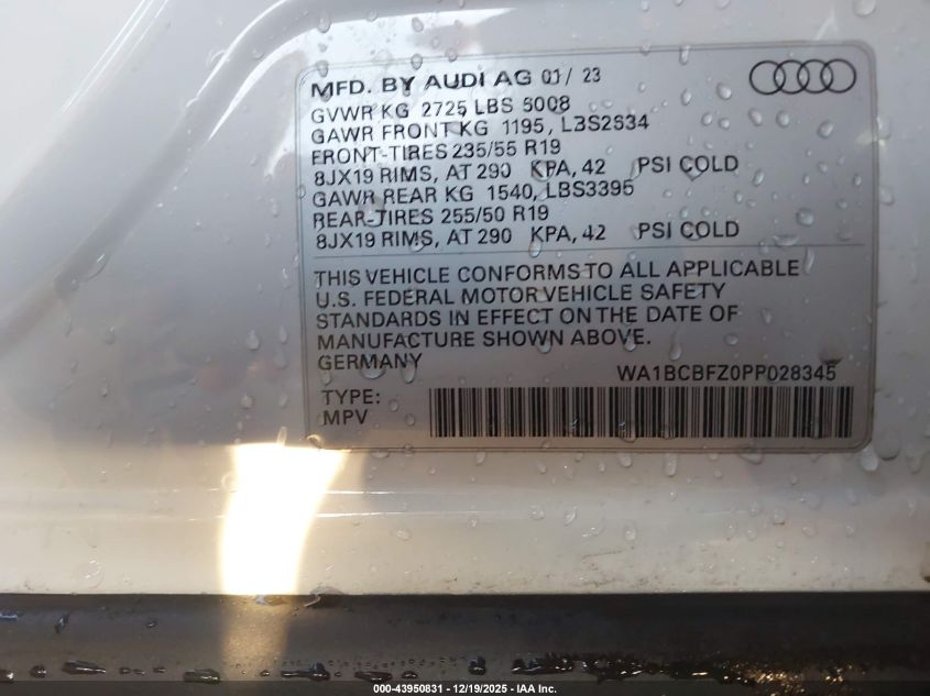 2023 Audi Q4 E-Tron Premium Plus 40 Rwd VIN: WA1BCBFZ0PP028345 Lot: 43950831