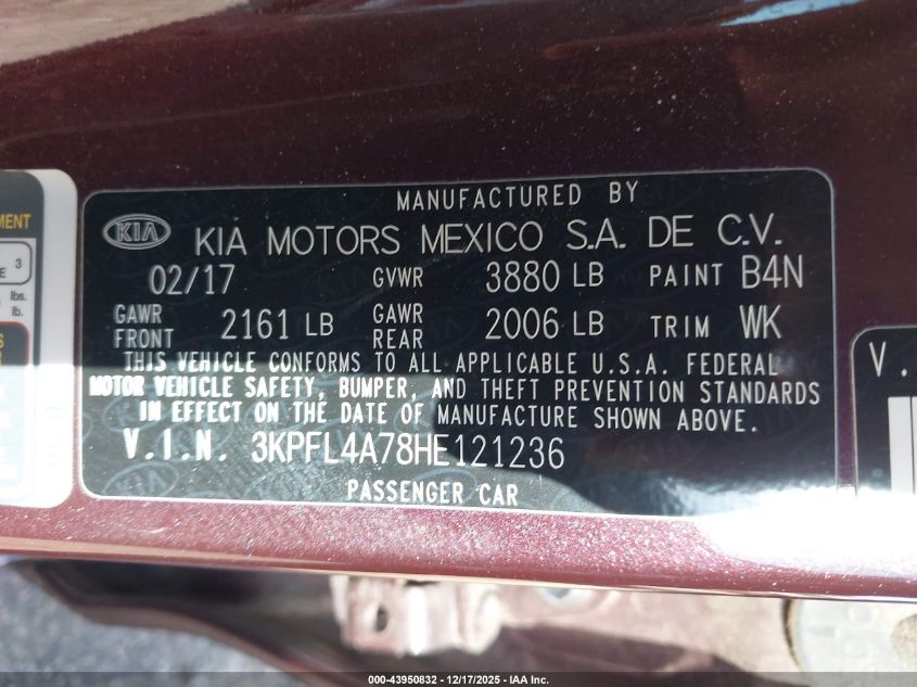 2017 Kia Forte Lx VIN: 3KPFL4A78HE121236 Lot: 43950832