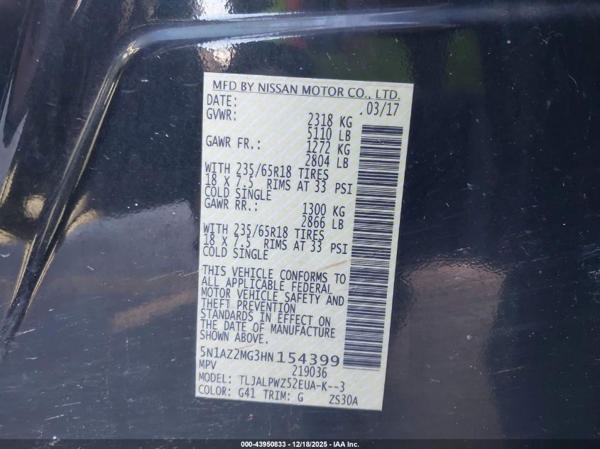 2017 Nissan Murano S VIN: 5N1AZ2MG3HN154399 Lot: 43950833