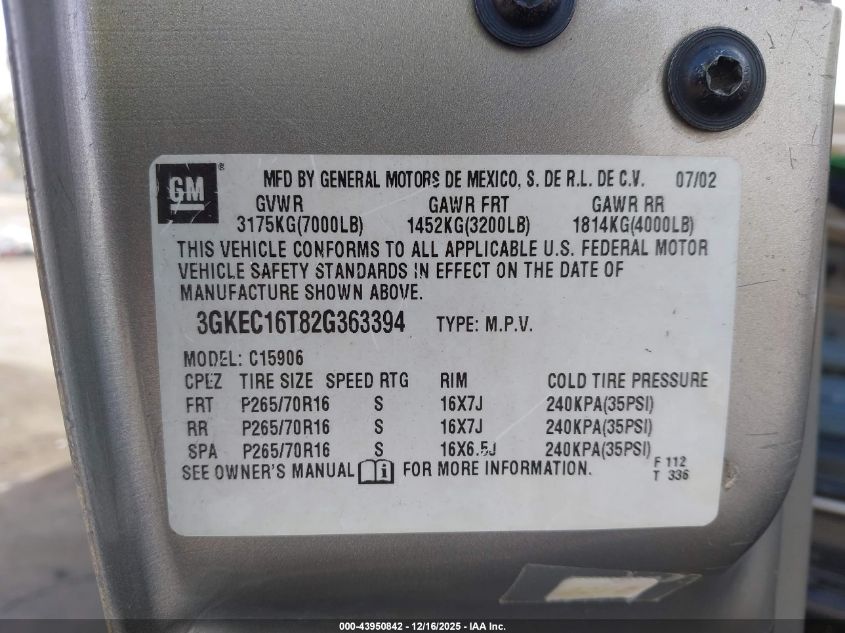 2002 GMC Yukon Xl 1500 Slt VIN: 3GKEC16T82G363394 Lot: 43950842