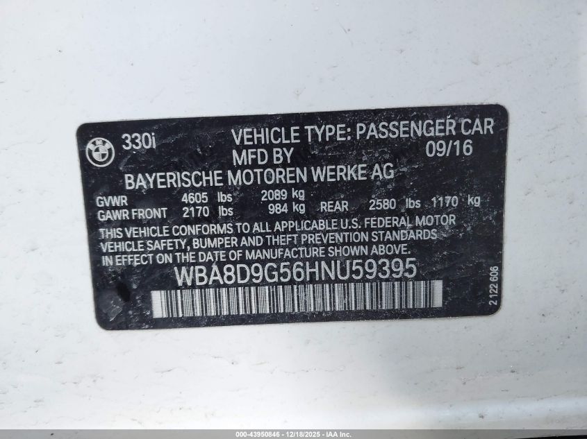 2017 BMW 330I xDrive VIN: WBA8D9G56HNU59395 Lot: 43950846