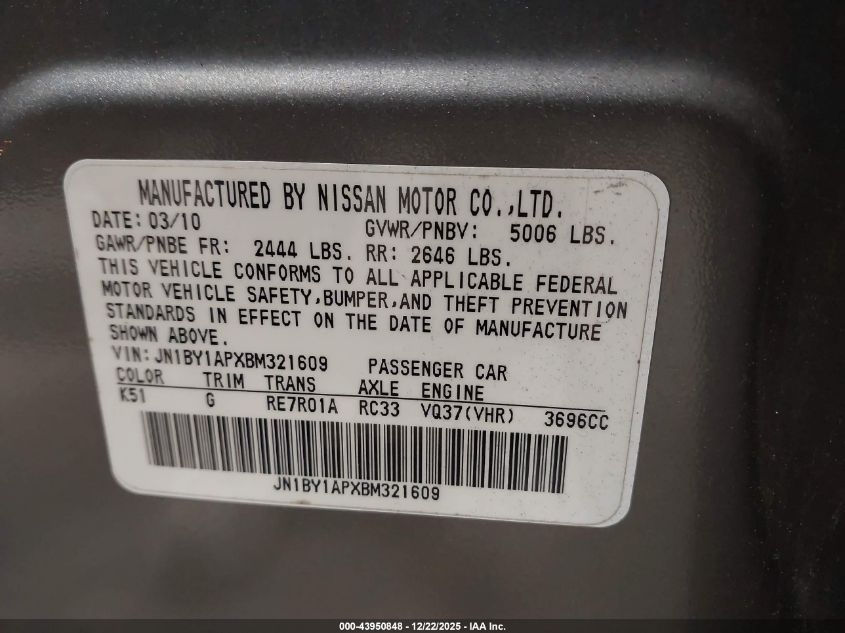 2011 Infiniti M37 VIN: JN1BY1APXBM321609 Lot: 43950848