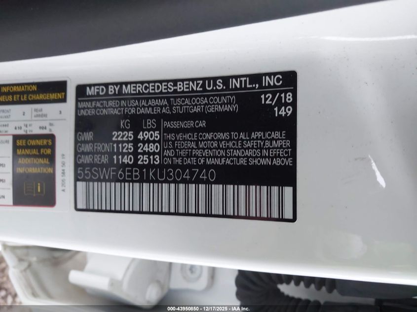 2019 Mercedes-Benz Amg C 43 4Matic VIN: 55SWF6EB1KU304740 Lot: 43950850