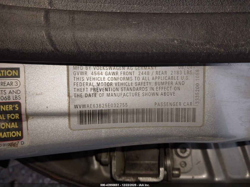 2005 Volkswagen Passat Gls Tdi VIN: WVWAE63B25E032755 Lot: 43950851