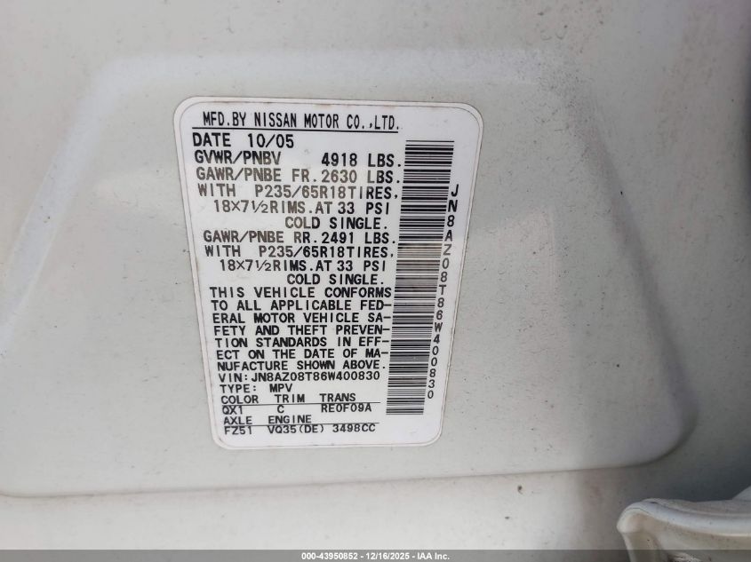 2006 Nissan Murano Sl VIN: JN8AZ08T86W400830 Lot: 43950852