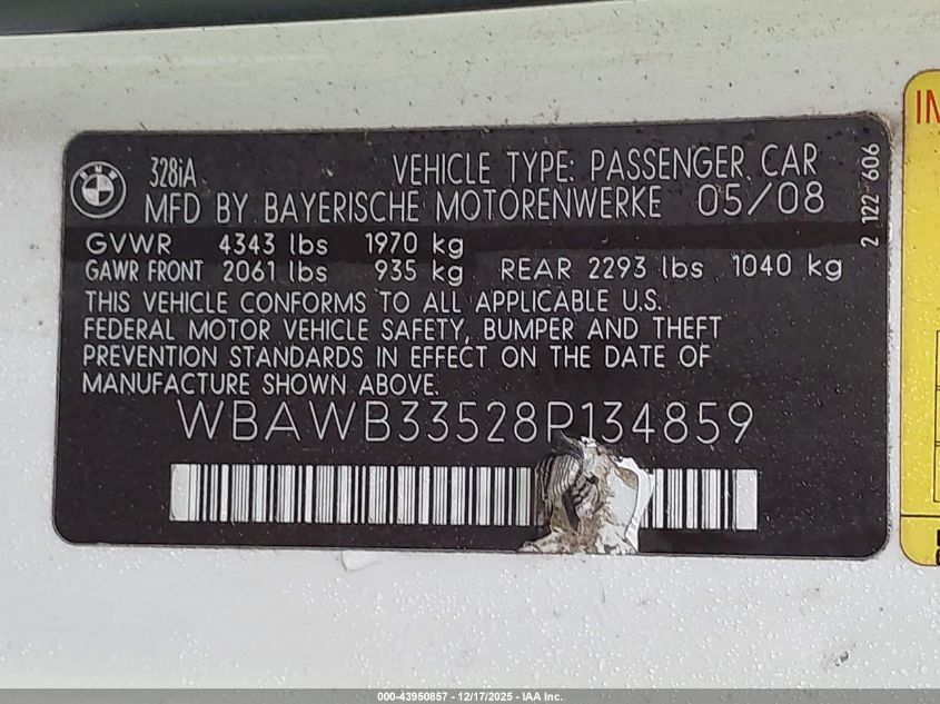 2008 BMW 328I VIN: WBAWB33528P134859 Lot: 43950857