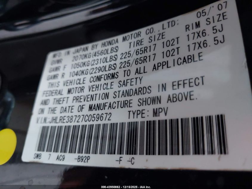 2007 Honda Cr-V Ex-L VIN: JHLRE38727C059672 Lot: 43950862