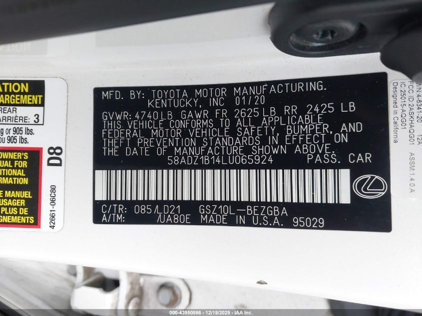 2020 Lexus Es 350 VIN: 58ADZ1B14LU065924 Lot: 43950866