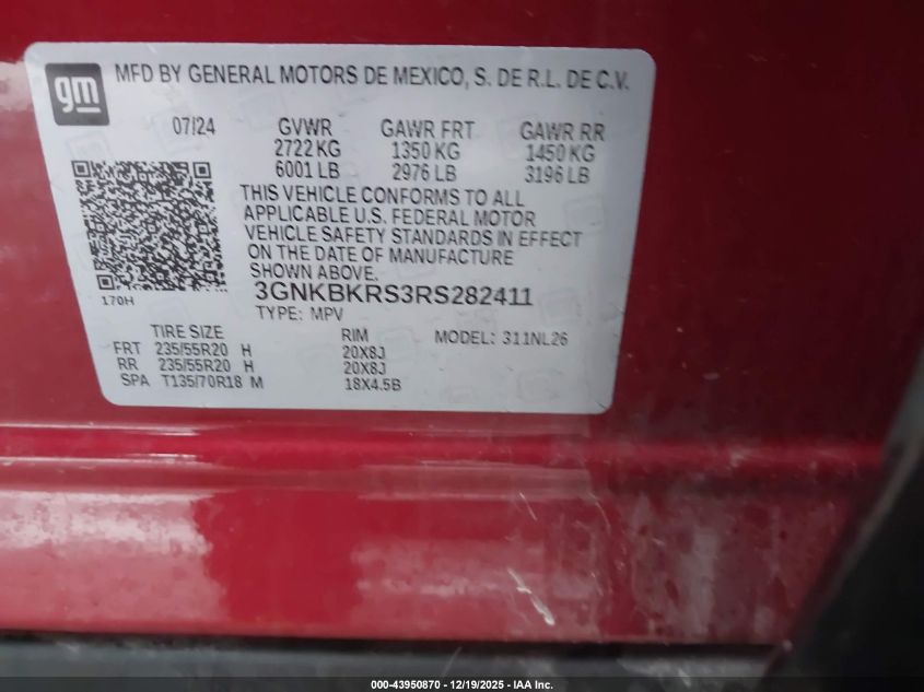 2024 Chevrolet Blazer Awd Rs VIN: 3GNKBKRS3RS282411 Lot: 43950870