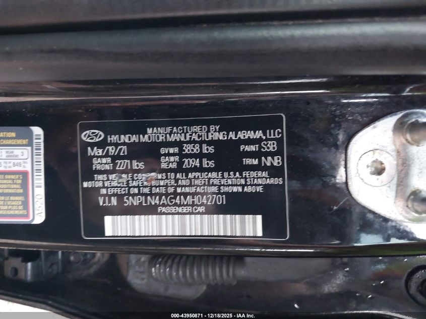 2021 Hyundai Elantra Sel VIN: 5NPLN4AG4MH042701 Lot: 43950871