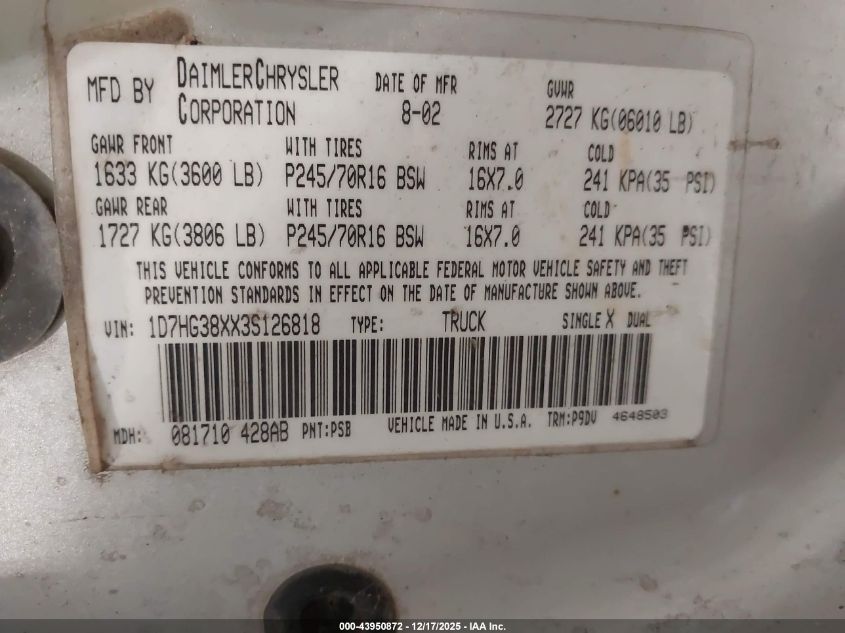 2003 Dodge Dakota Sport/Sxt VIN: 1D7HG38XX3S126818 Lot: 43950872