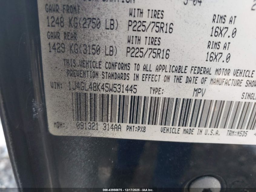 2005 Jeep Liberty Sport VIN: 1J4GL48K45W531445 Lot: 43950875