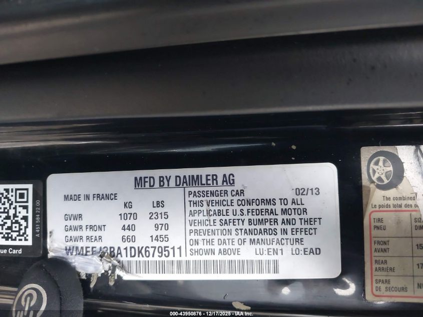 2013 Smart Fortwo Passion VIN: WMEEJ3BA1DK679511 Lot: 43950876