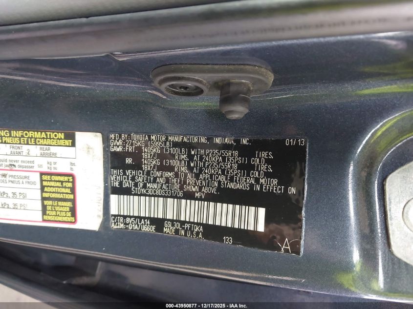 2013 Toyota Sienna Limited V6 7 Passenger VIN: 5TDYK3DC8DS331706 Lot: 43950877