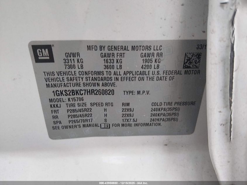 2017 GMC Yukon Slt VIN: 1GKS2BKC7HR260820 Lot: 43950880