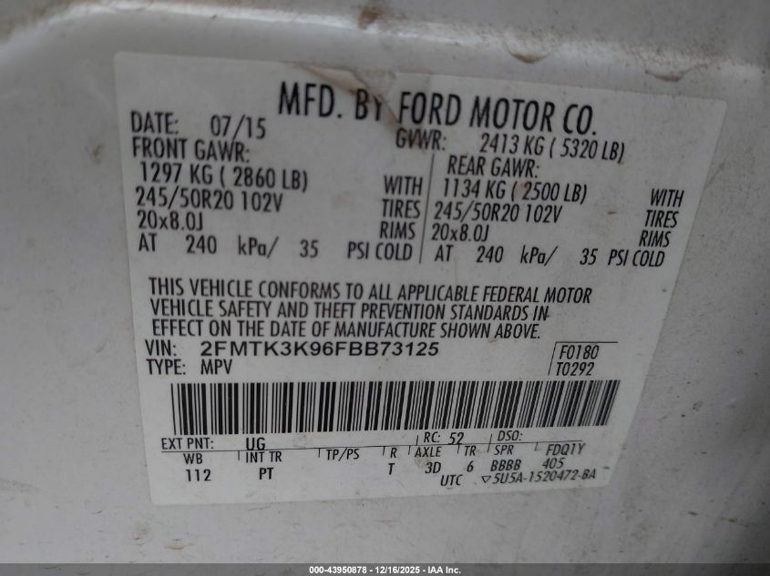 2015 Ford Edge Titanium VIN: 2FMTK3K96FBB73125 Lot: 43950878