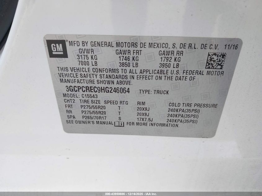 2017 Chevrolet Silverado 1500 1Lt VIN: 3GCPCREC9HG246064 Lot: 43950886