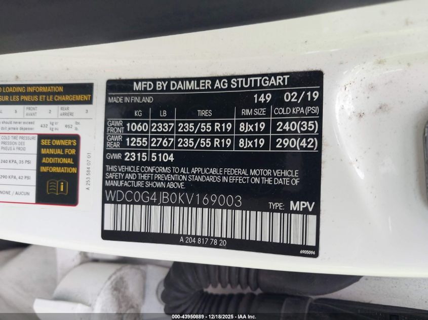 2019 Mercedes-Benz Glc 300 VIN: WDC0G4JB0KV169003 Lot: 43950889