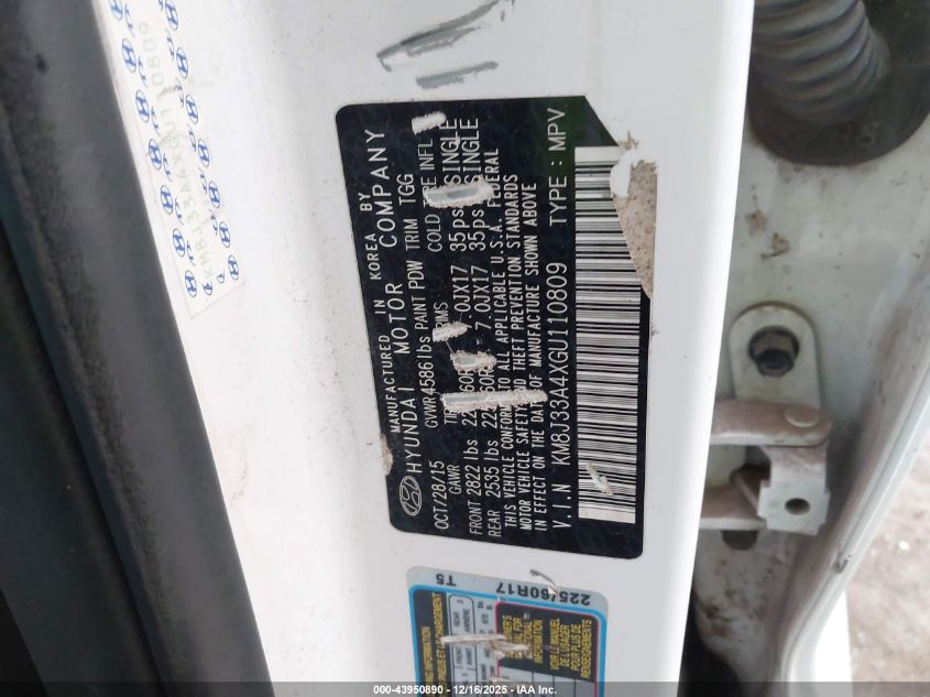 2016 Hyundai Tucson Se VIN: KM8J33A4XGU110809 Lot: 43950890