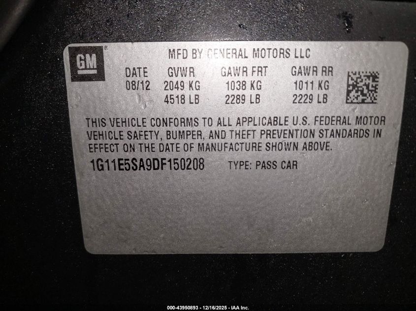 2013 Chevrolet Malibu 2Lt VIN: 1G11E5SA9DF150208 Lot: 43950893