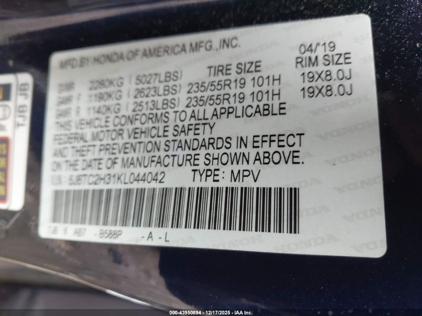 2019 Acura Rdx Standard VIN: 5J8TC2H31KL044042 Lot: 43950894