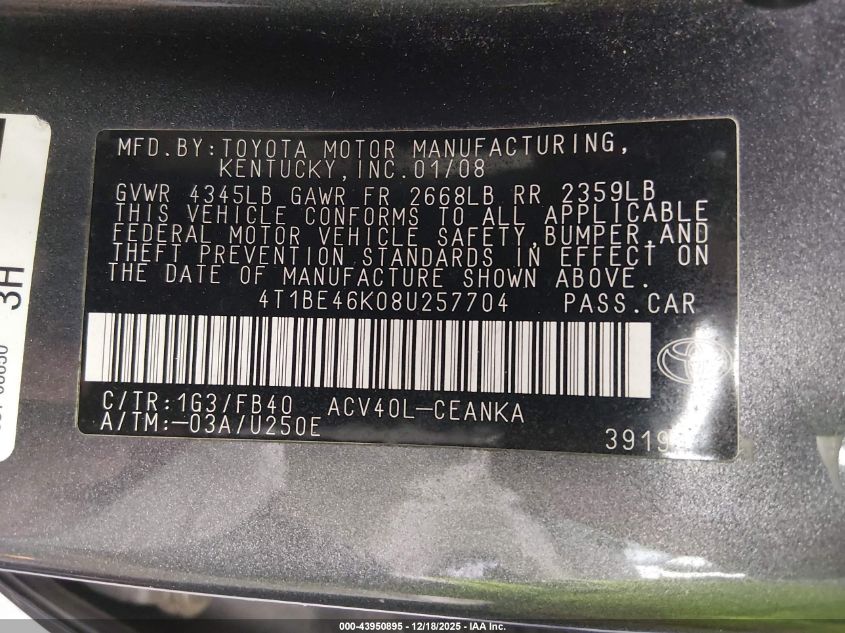 2008 Toyota Camry Le VIN: 4T1BE46K08U257704 Lot: 43950895