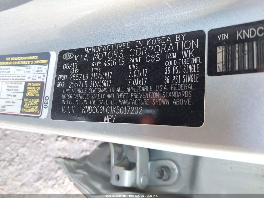 2019 Kia Niro Ev Ex VIN: KNDCC3LG1K5017202 Lot: 43950896