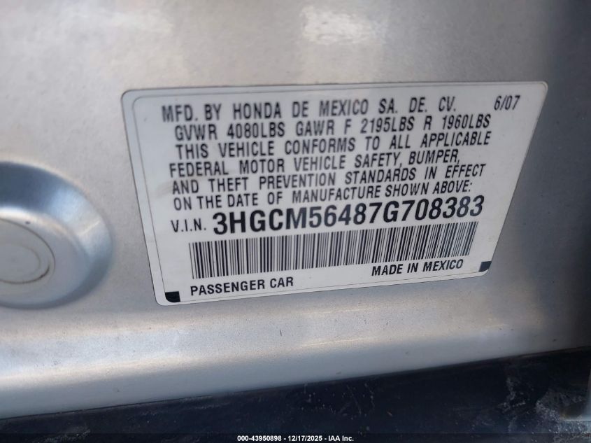 2007 Honda Accord 2.4 Lx VIN: 3HGCM56487G708383 Lot: 43950898