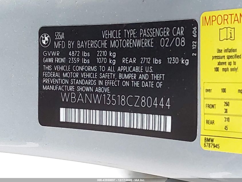 2008 BMW 535I VIN: WBANW13518CZ80444 Lot: 43950897
