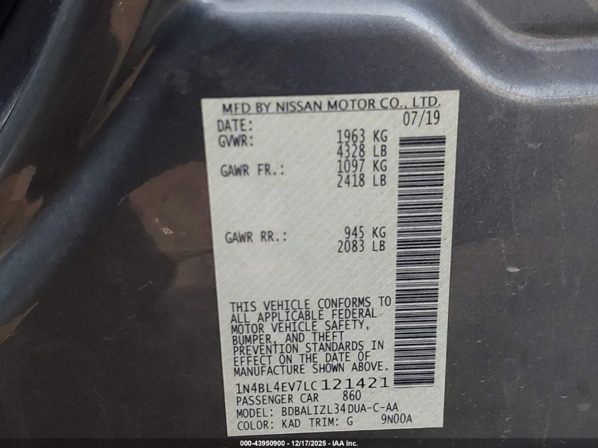 2020 Nissan Altima Sl Fwd VIN: 1N4BL4EV7LC121421 Lot: 43950900