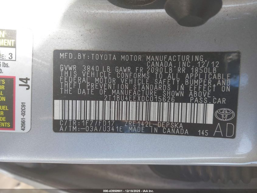 2013 Toyota Corolla S VIN: 2T1BU4EEXDC015626 Lot: 43950901