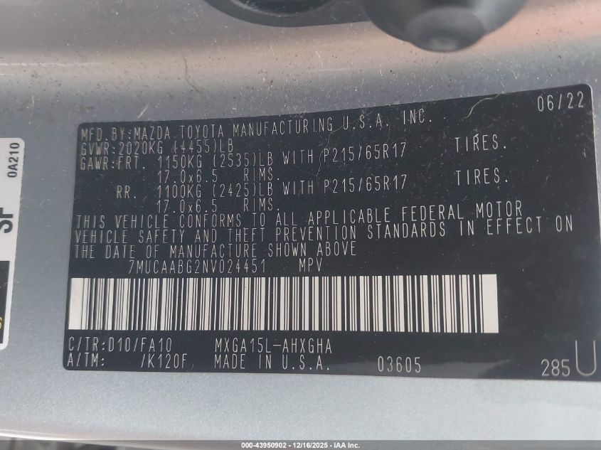 2022 Toyota Corolla Cross Le VIN: 7MUCAABG2NV024451 Lot: 43950902