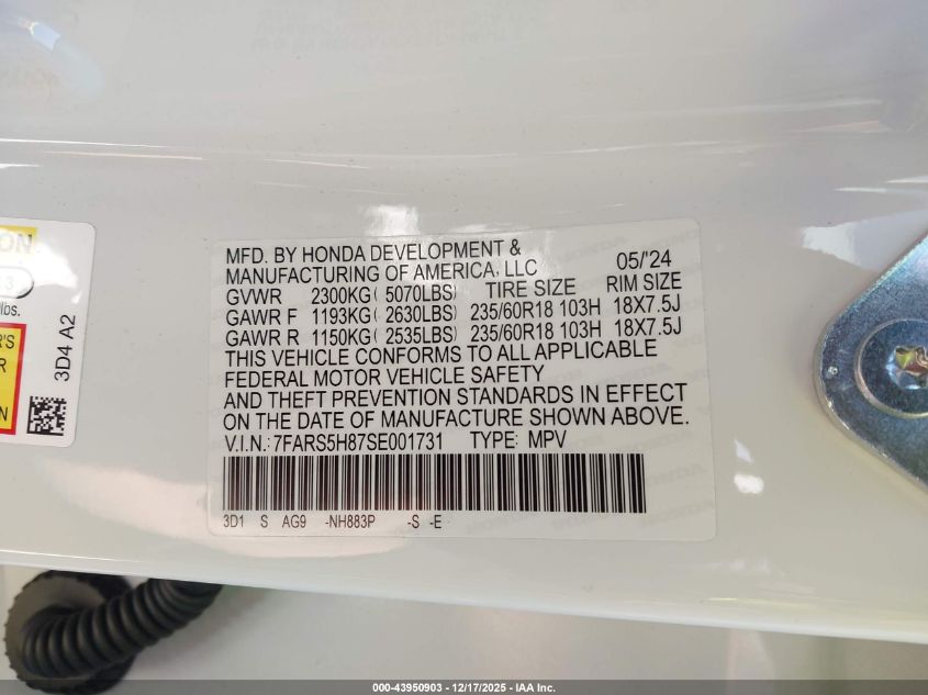2025 Honda Cr-V Hybrid Sport-L VIN: 7FARS5H87SE001731 Lot: 43950903