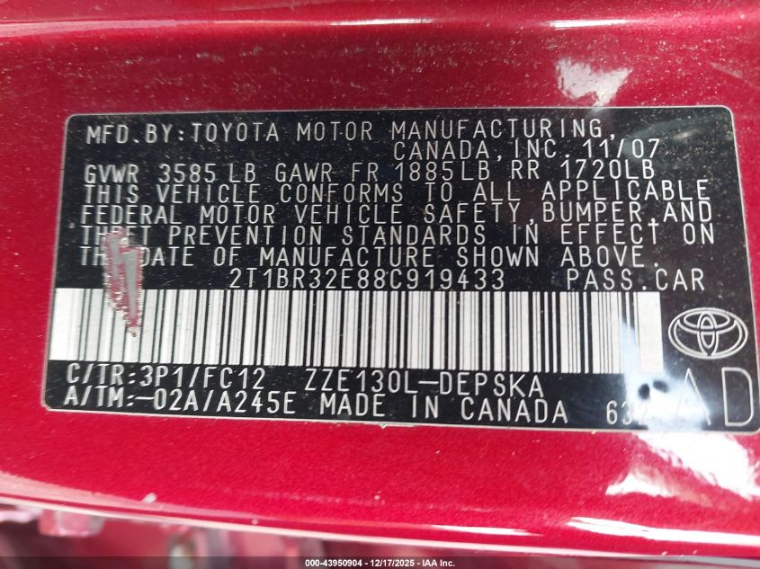 2008 Toyota Corolla S VIN: 2T1BR32E88C919433 Lot: 43950904