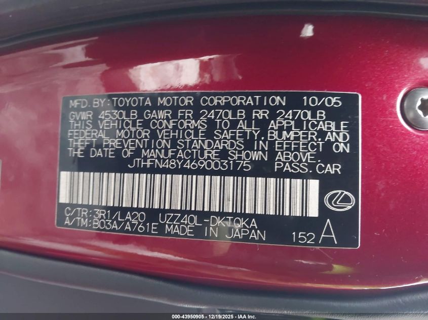 2006 Lexus Sc 430 VIN: JTHFN48Y469003175 Lot: 43950905