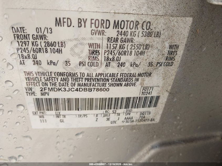 2013 Ford Edge Sel VIN: 2FMDK3JC4DBB78600 Lot: 43950907