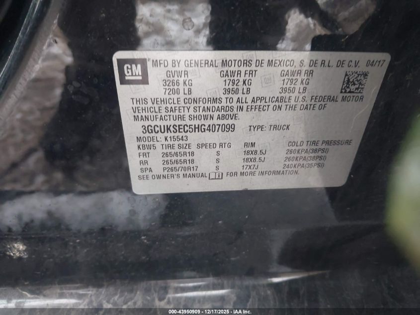 2017 Chevrolet Silverado 1500 2Lz VIN: 3GCUKSEC5HG407099 Lot: 43950909