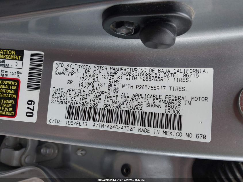 2015 Toyota Tacoma Base V6 VIN: 3TMMU4FN1FM085209 Lot: 43950914