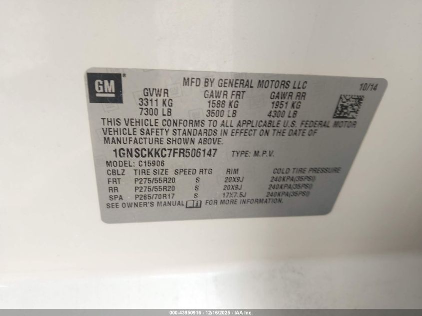 2015 Chevrolet Suburban 1500 Ltz VIN: 1GNSCKKC7FR506147 Lot: 43950916
