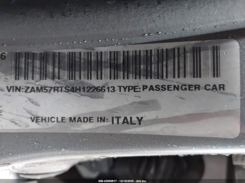 2017 Maserati Ghibli S Q4 VIN: ZAM57RTS4H1226613 Lot: 43950917
