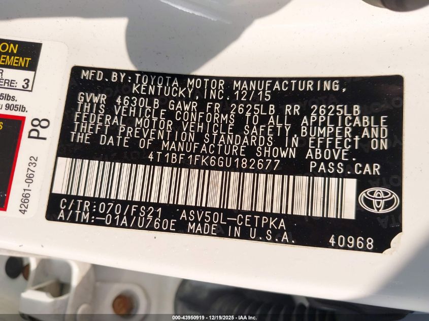 2016 Toyota Camry Se VIN: 4T1BF1FK6GU182677 Lot: 43950919