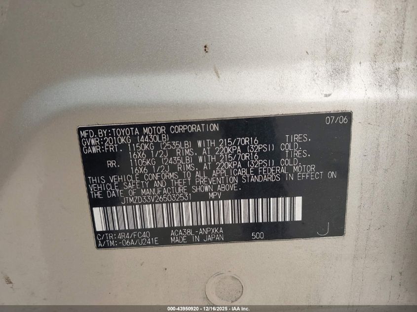 2006 Toyota Rav4 VIN: JTMZD33V265032531 Lot: 43950920