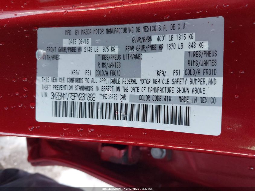 2015 Mazda Mazda3 I Touring VIN: 3MZBM1V75FM231889 Lot: 43950928