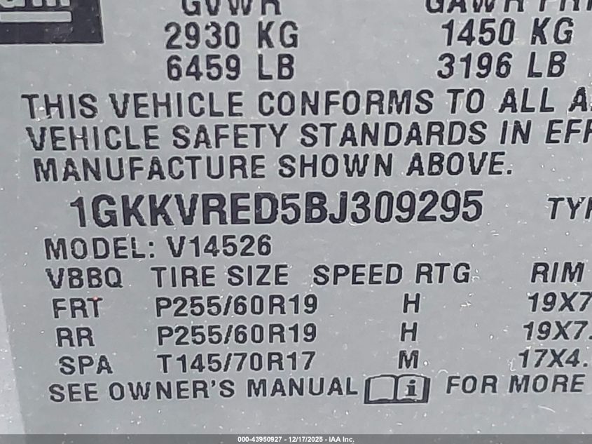 2011 GMC Acadia Slt-1 VIN: 1GKKVRED5BJ309295 Lot: 43950927