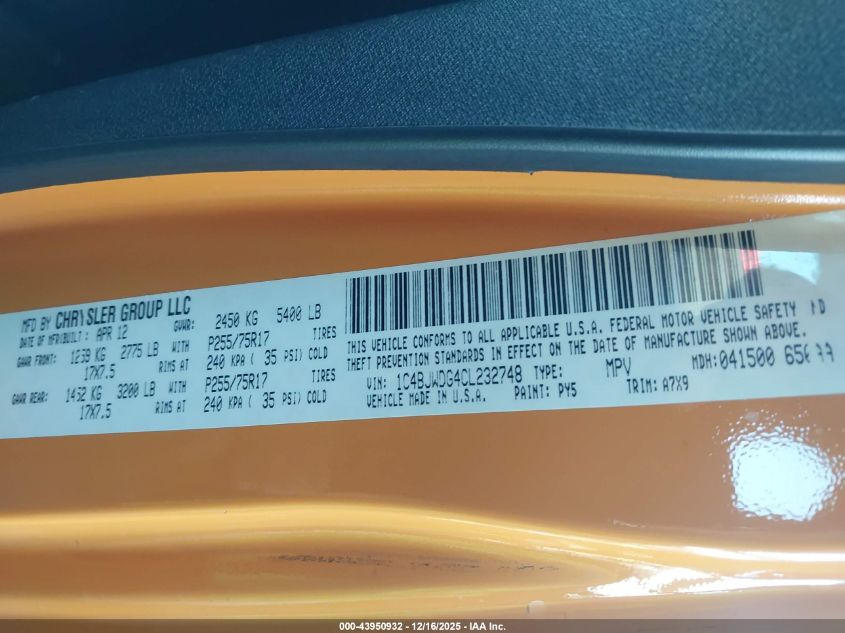 2012 Jeep Wrangler Unlimited Sport VIN: 1C4BJWDG4CL232748 Lot: 43950932